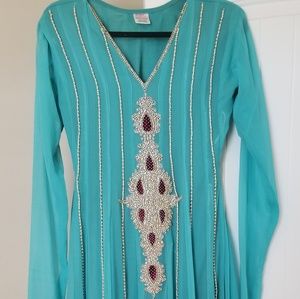 Turquoise Anarkali Heavy stone and pearl work